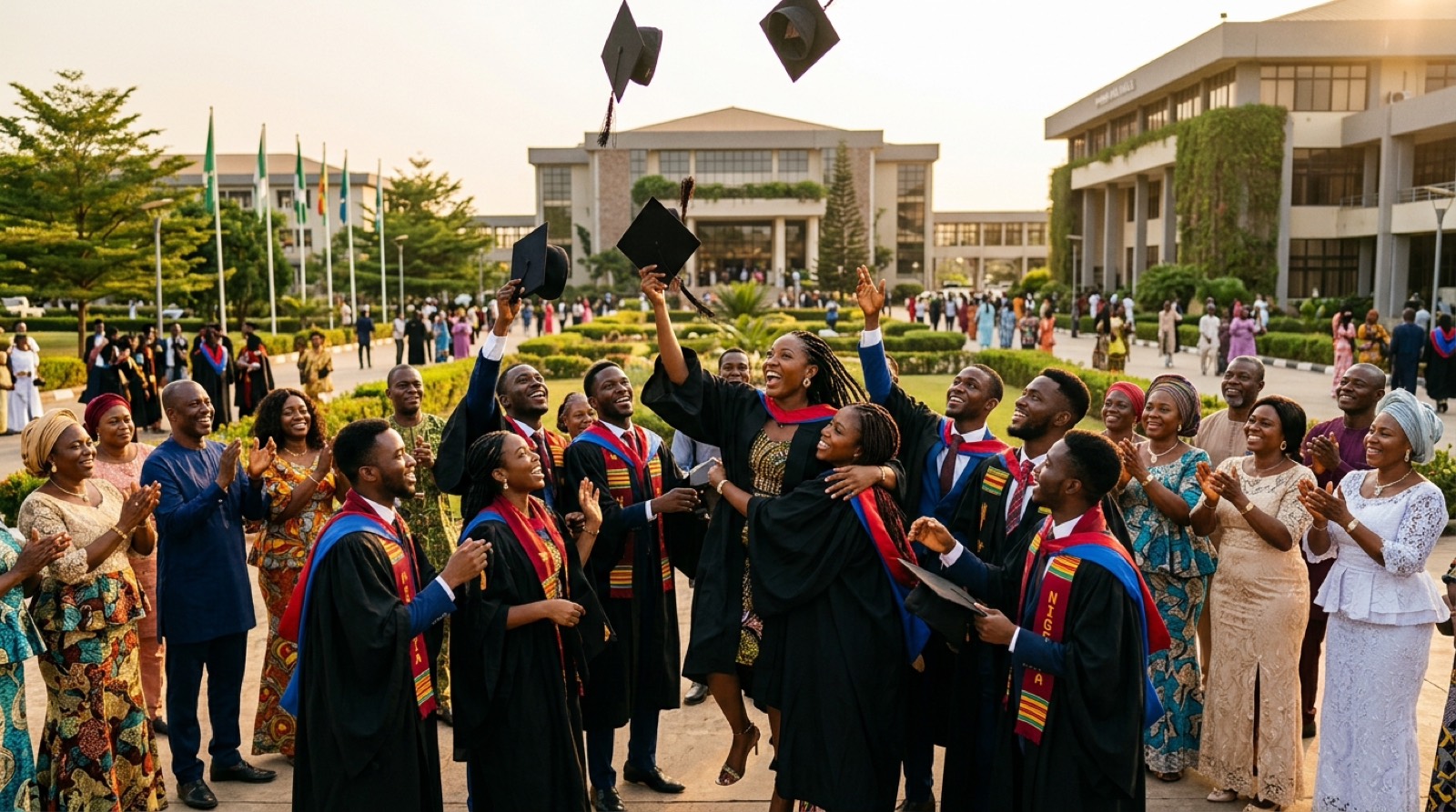 Graduates throwing their caps in the air outside a modern campus, families applauding