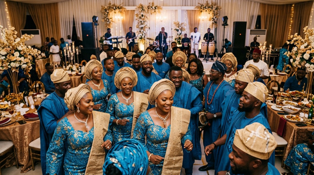 Guests in matching aso-ebi dancing at a glamorous celebration